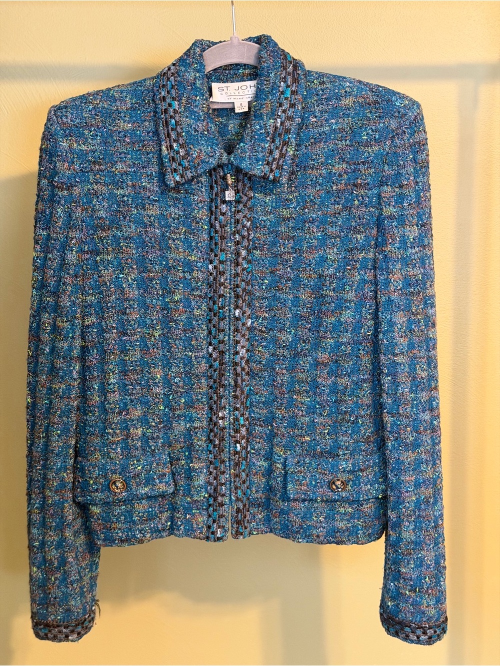 St. John Teal-Blue Tweed Zip Jacket